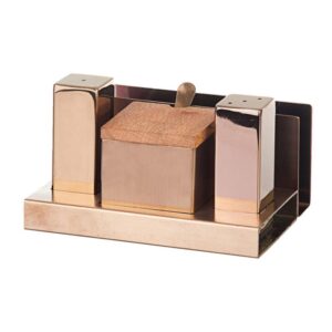 Biradlı GRV-114-P2B Kapaklı Kare Parlak Tuzluk Şekerlik Takımı, 3\'lü, Bakır