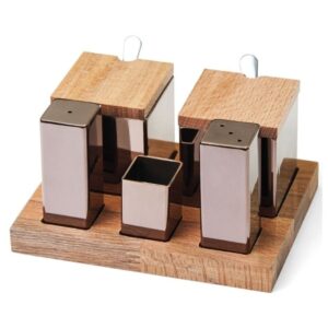 Biradlı GRV-48 Ahşap Standlı Kare Tuzluk Baharatlık Takımı, 5\'li, Bakır