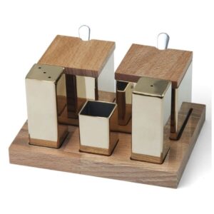Biradlı GRV-48 Ahşap Standlı Kare Tuzluk Baharatlık Takımı, 5\'li, Altın
