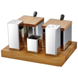 Biradlı GRV-48 Ahşap Standlı Kare Tuzluk Baharatlık Takımı, 5\'li