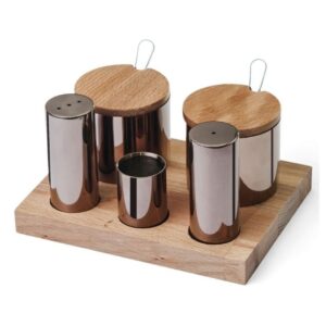 Biradlı GRV-49 Ahşap Standlı Tuzluk Baharatlık Takımı, 5\'li, Bakır