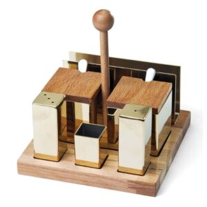 Biradlı GRV-69 Ahşap Standlı Kare Tuzluk Baharatlık Takımı, 6\'lı, Altın