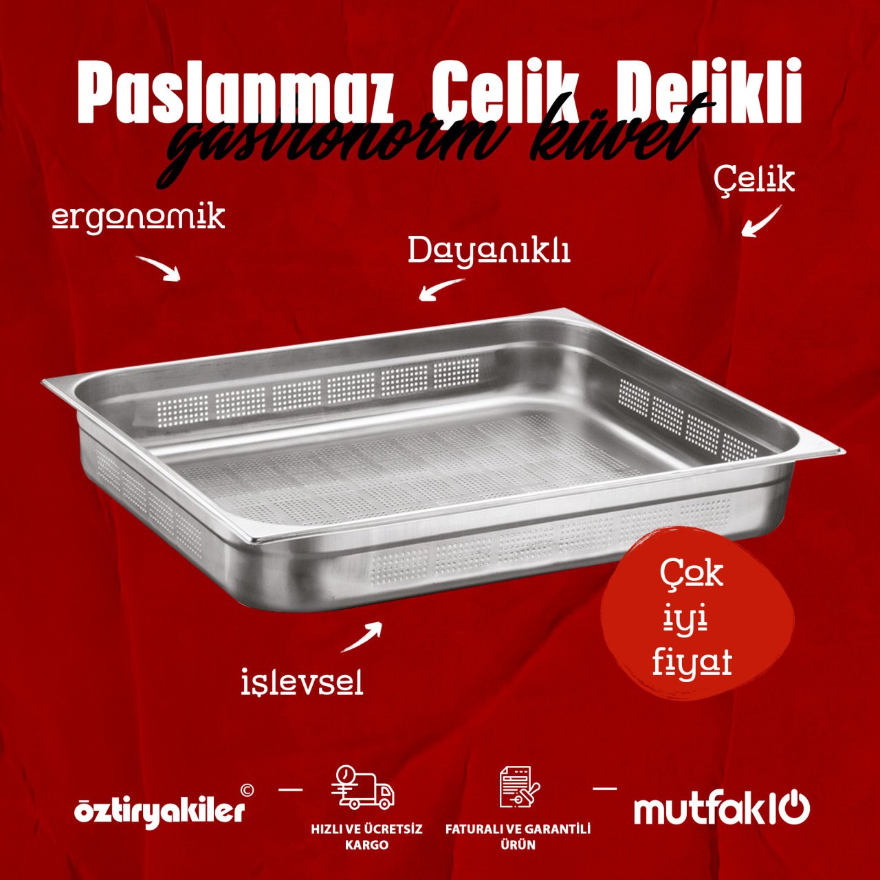 Öztiryakiler Gastronorm Küvet, Delikli, Standart, GNP 2/1-100, 53x65x10 cm - Görsel 2